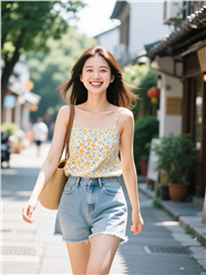 街头碎花吊带衫短裤美女写真图片