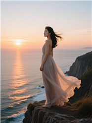 日暮黄昏美女站在海边悬崖图片