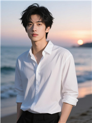 黄昏海边白色衬衫帅哥写真图片