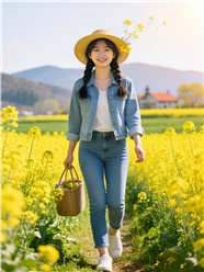 春日油菜花田踏青的美女图片