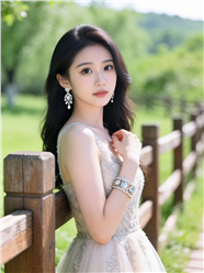 倚靠在木制围栏的长卷发礼服美女图片