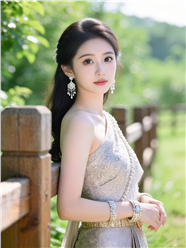 户外木质围栏身穿异国服饰的美女图片