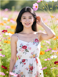 站在花丛里的吊带花裙子美女图片