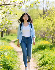 春天穿着蓝色衬衫的美女踏青图片