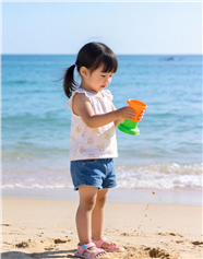 夏日海边沙滩小女孩玩沙子图片