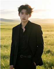 帅哥穿着黑色西装大草原时尚摄影图片