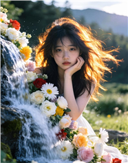 鲜花瀑布凌乱美美女写真图片
