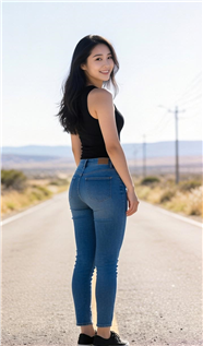 公路牛仔裤美女回眸一笑摄影图片