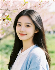 桃花树下蓝色针织开衫美女图片