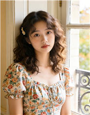 亚洲长卷发碎花裙美女写真摄影图片