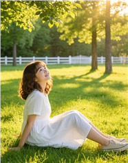 夏日午后坐在草地上的白裙美女图片
