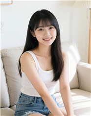 白色背心牛仔短裤美女坐在沙发图片