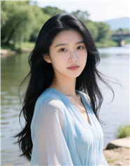 蓝色雪纺裙长卷发美女写真图片