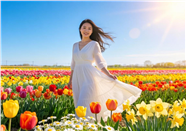 春日五彩斑斓花海美女摄影图片