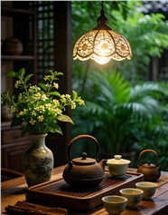 氛围感茶室茶具插花吊灯设计图片