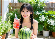 手持西瓜汁冷饮的女孩图片