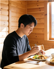 一个中年男人坐在餐桌前用餐图片