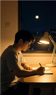 夜晚灯下伏案学习的男人图片