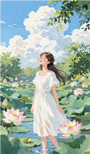 清透治愈系夏日荷塘少女插画图片
